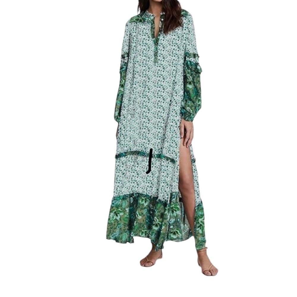 maxi boho dress puffed sleeves green festival concert hippie - Picture 2 of 5